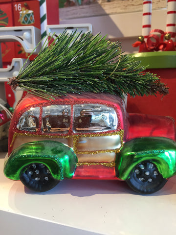 Christmas Glass Car With Tree On Top Ornament
