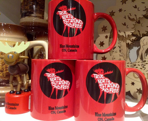 Red Mug with Moose silhouette inscribed "True North Strong and Free, Blue Mountains Ontario"