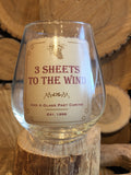 Stemless Wine Glass with vintage label that says "3 Sheets to the Wind"