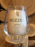 Stemless Wine Glass with vintage label that says "Buzzed"