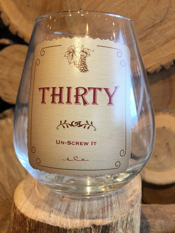 This Stemless Wine Glass inscribed with, "Un-Screw It"